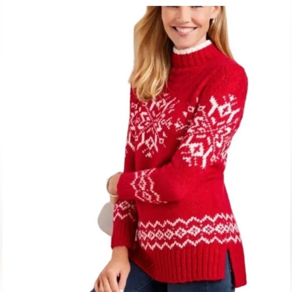 Talbots Red Snowflake Knit Winter Holiday Christmas Sweater, NEW, Medium Petite